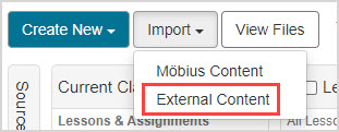 The Import dropdown menu is open under the Import button, and External Content is highlighted.